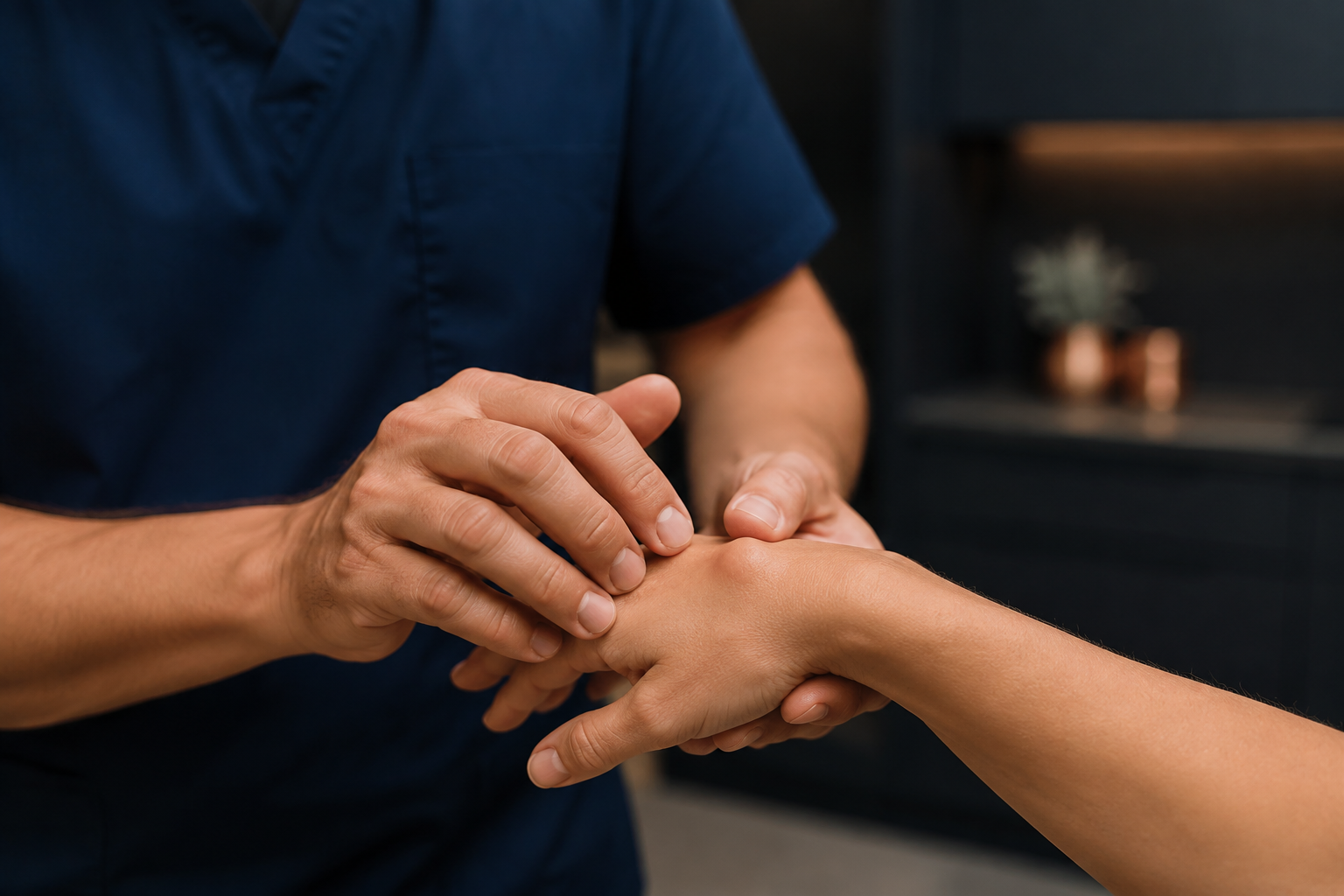 A hand surgeon carefully examining the back of a patient's wrist