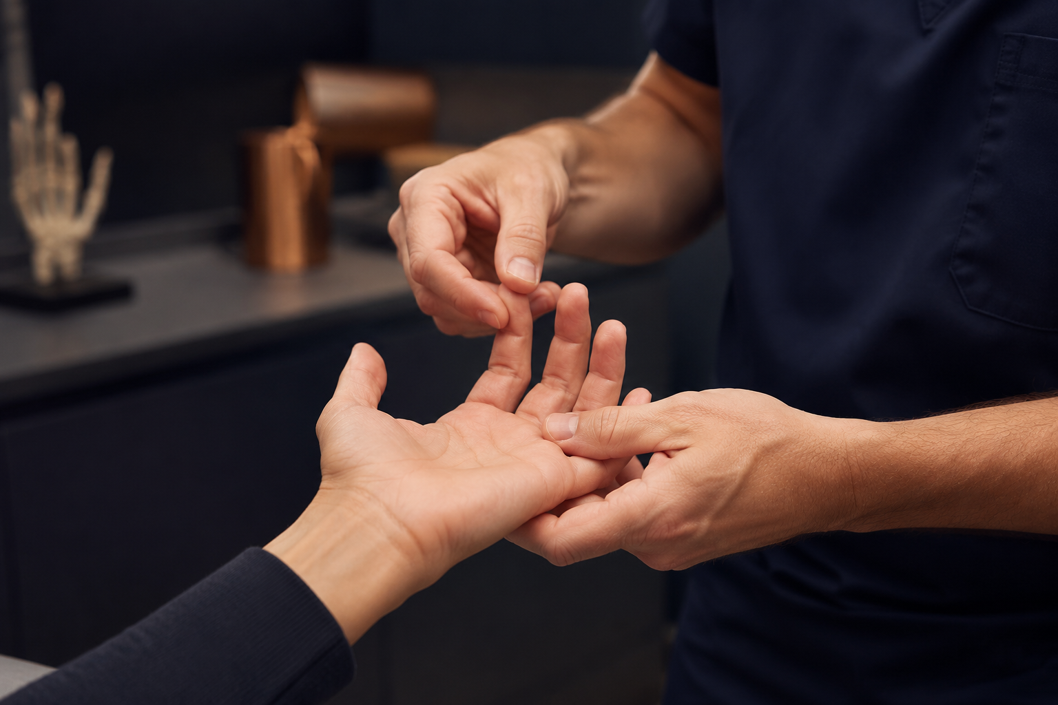 A hand surgeon gently assessing the movement of a patient's finger
