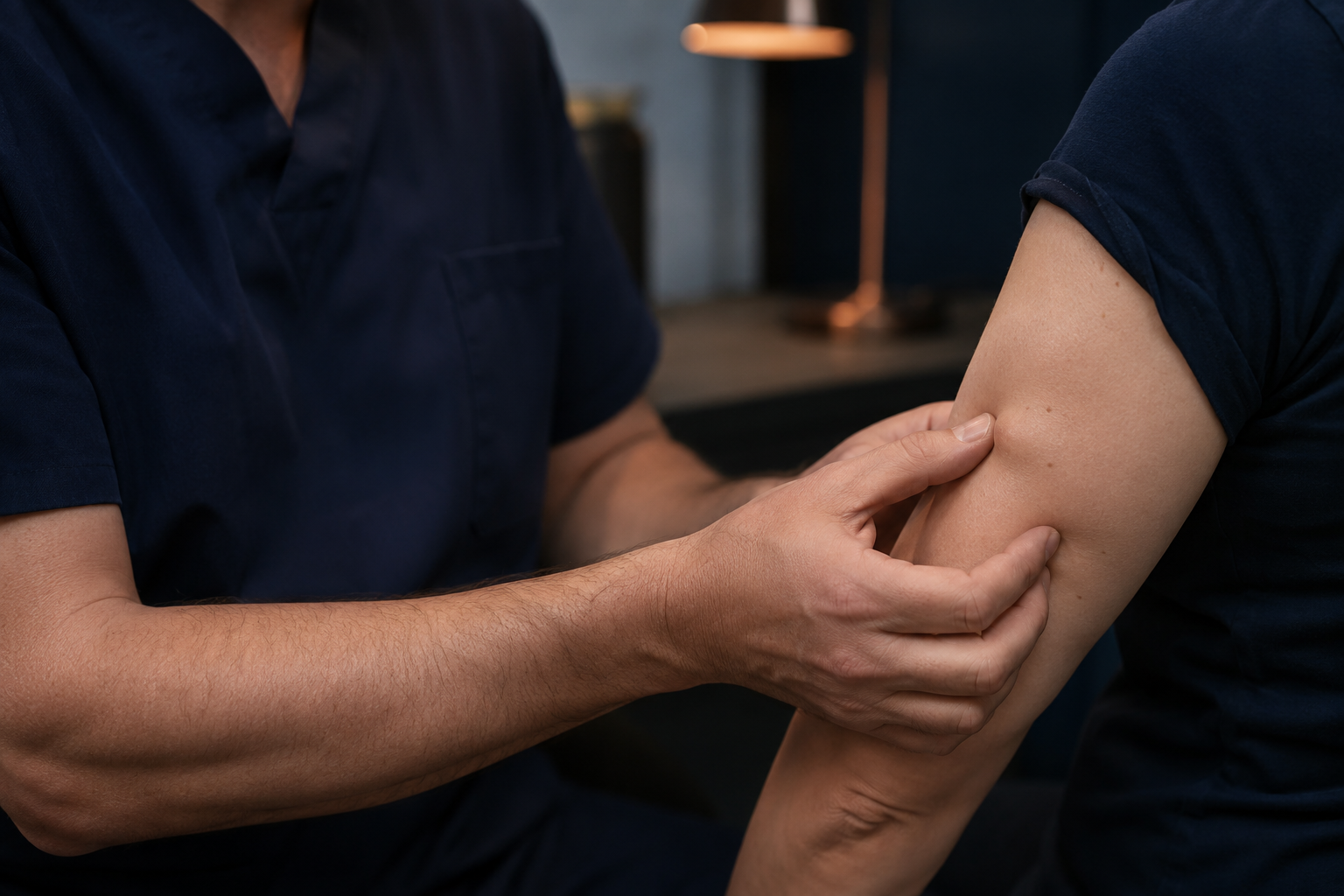 A consultant gently assessing a small lump on a patient's upper arm